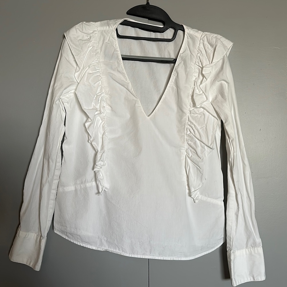 Zara Basic White Ruffle Neck Blouse
